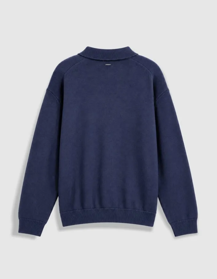 Pull marine tricot col polo boutonné Homme