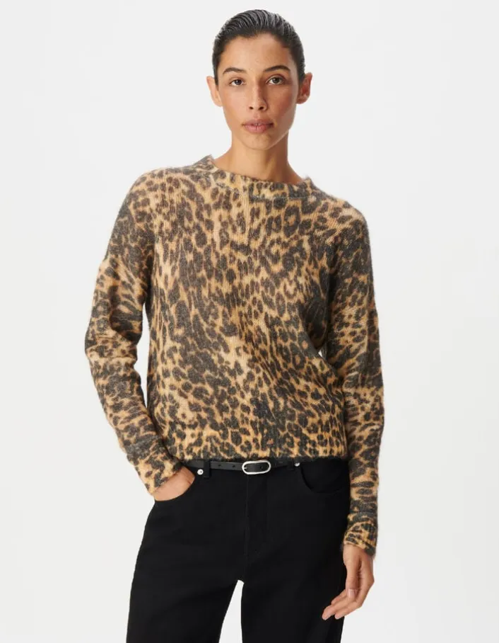 Pull marron tricot motif léopard Femme