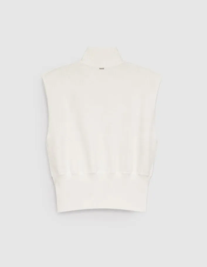 Pull sans manches blanc tricot col camionneur Femme