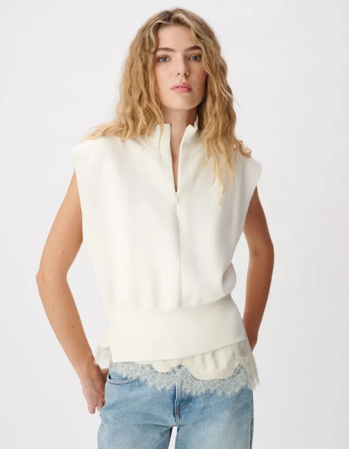 Pull sans manches blanc tricot col camionneur Femme