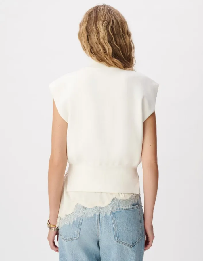Pull sans manches blanc tricot col camionneur Femme