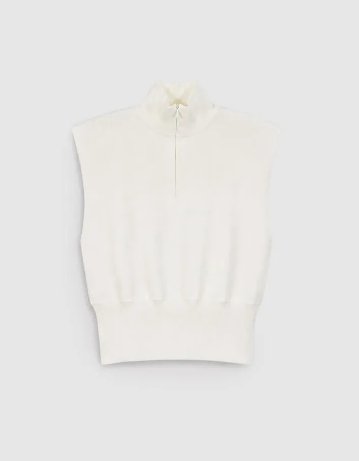 Pull sans manches blanc tricot col camionneur Femme