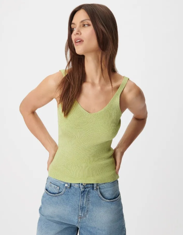 Pull sans manches vert tricot côtelé Femme