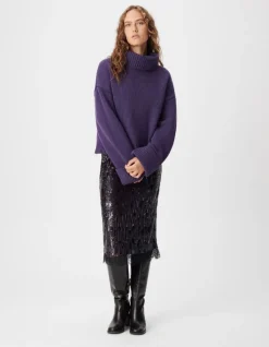 Pull violet tricot 100% laine maxi col roulé Femme