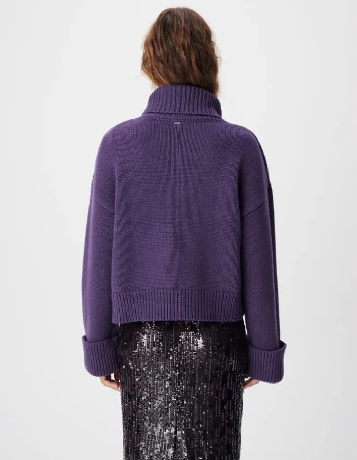 Pull violet tricot 100% laine maxi col roulé Femme