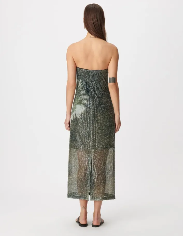 Robe bustier kaki imprimé tie and dye brodée sequins Femme