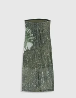 Robe bustier kaki imprimé tie and dye brodée sequins Femme