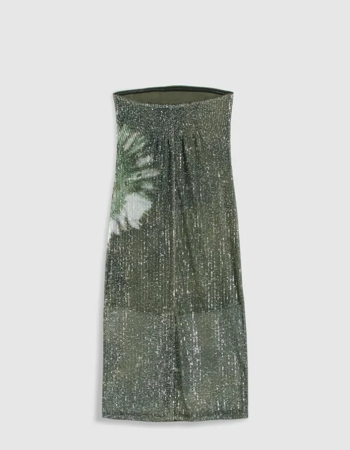 Robe bustier kaki imprimé tie and dye brodée sequins Femme