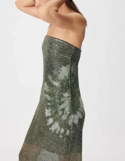 Robe bustier kaki imprimé tie and dye brodée sequins Femme