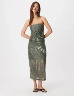 Robe bustier kaki imprimé tie and dye brodée sequins Femme