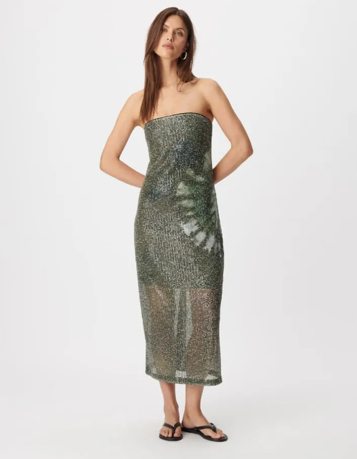 Robe bustier kaki imprimé tie and dye brodée sequins Femme
