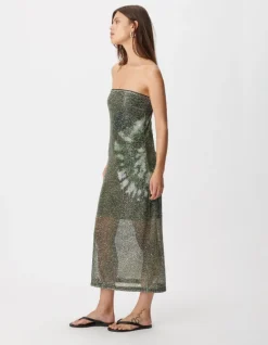 Robe bustier kaki imprimé tie and dye brodée sequins Femme