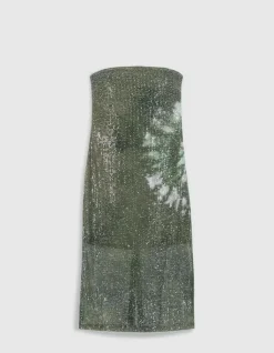 Robe bustier kaki imprimé tie and dye brodée sequins Femme