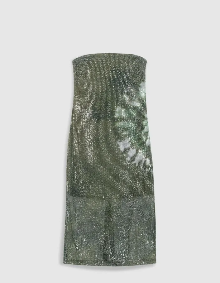 Robe bustier kaki imprimé tie and dye brodée sequins Femme