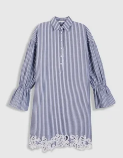 Robe chemise rayures bleue détail broderies dentelle Femme