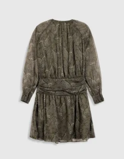 Robe courte kaki imprimé cachemire taille drapée Femme