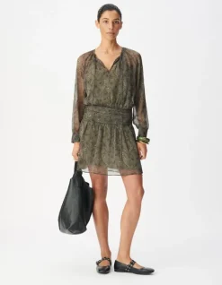 Robe courte kaki imprimé cachemire taille drapée Femme