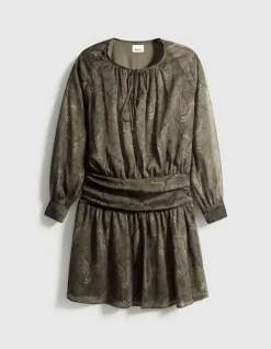 Robe courte kaki imprimé cachemire taille drapée Femme