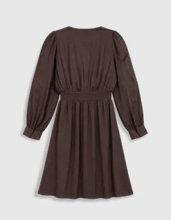Robe courte marron satinée avec petits boutons Femme