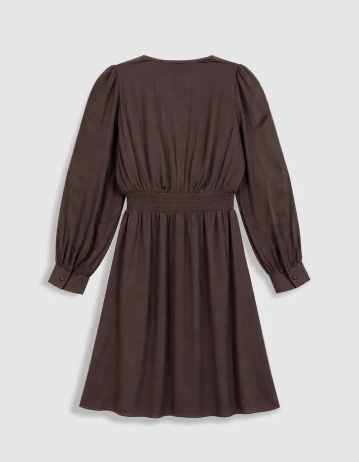 Robe courte marron satinée avec petits boutons Femme