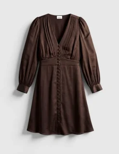 Robe courte marron satinée avec petits boutons Femme