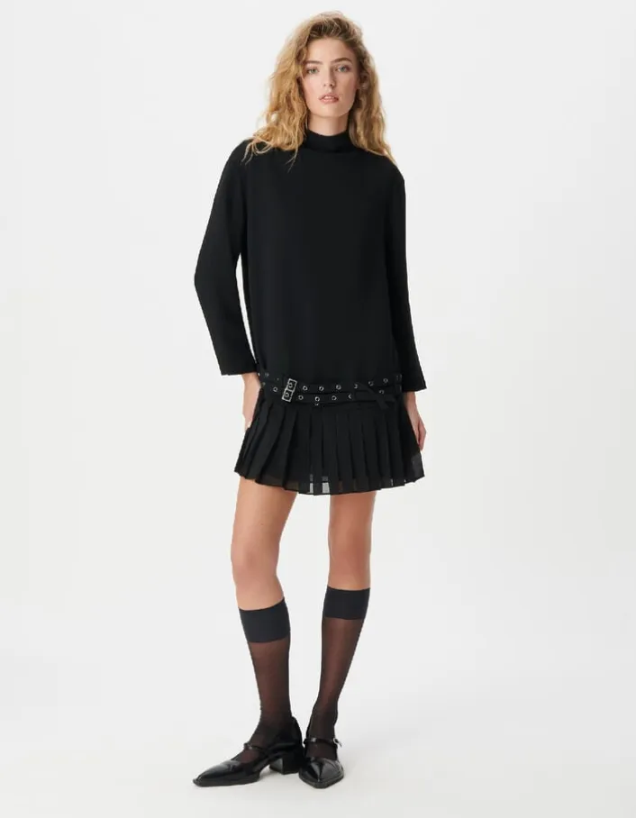 Robe courte noire plissée avec ceinture à œillets Femme