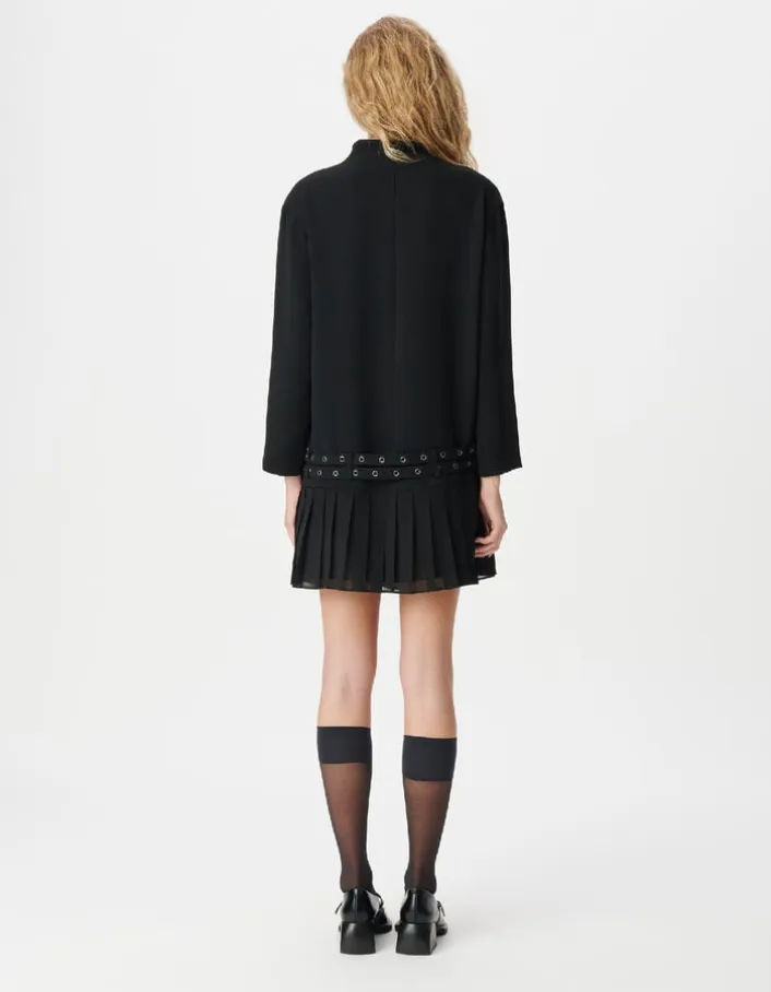 Robe courte noire plissée avec ceinture à œillets Femme