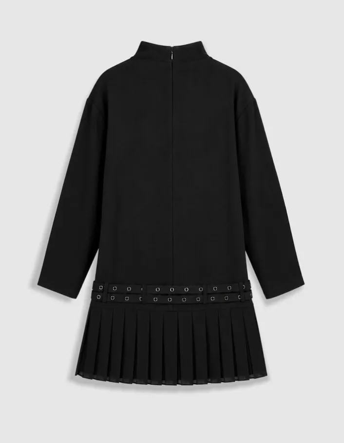 Robe courte noire plissée avec ceinture à œillets Femme