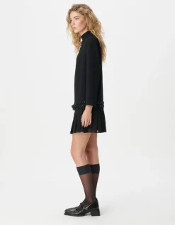 Robe courte noire plissée avec ceinture à œillets Femme