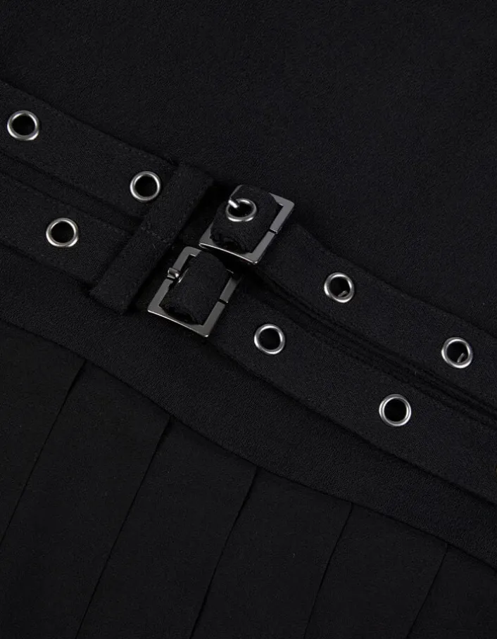 Robe courte noire plissée avec ceinture à œillets Femme