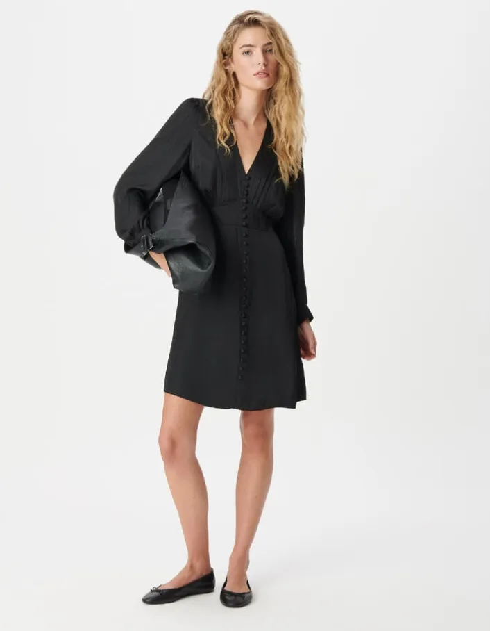 Robe courte noire satinée avec petits boutons Femme