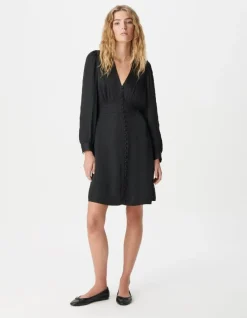 Robe courte noire satinée avec petits boutons Femme