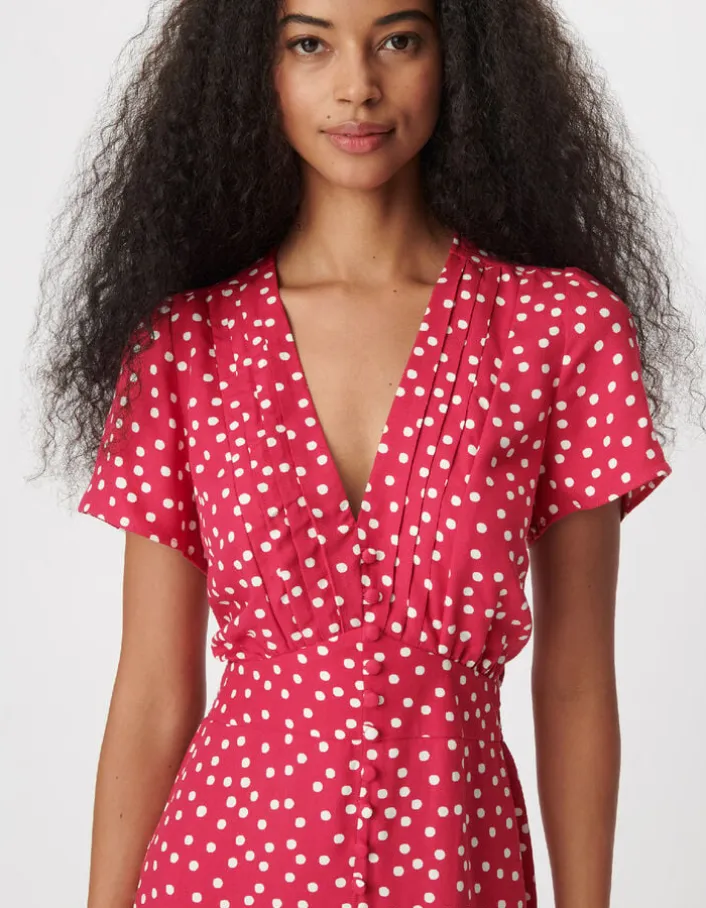 Robe encolure V rose imprimé pois Femme