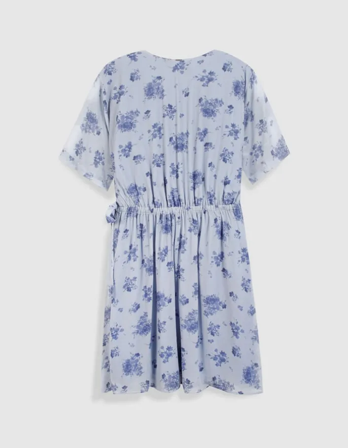 Robe fluide bleue imprimé fleurs à nouer côté Femme