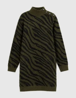 Robe kaki et noir tricot motif zèbre col boutonné Femme