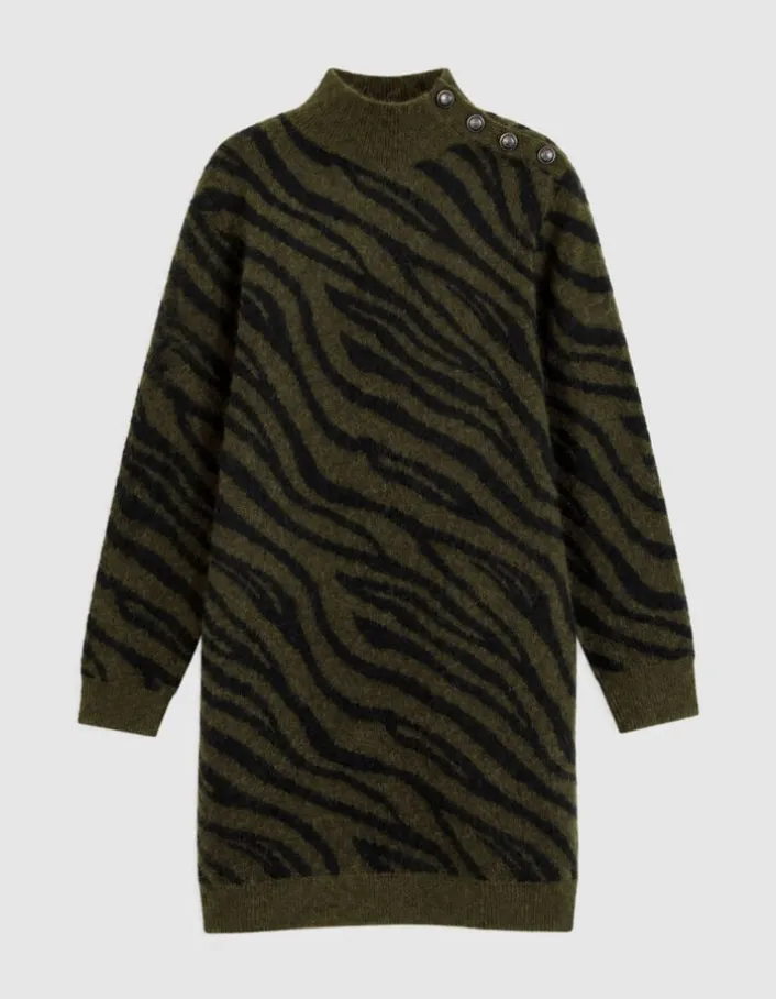 Robe kaki et noir tricot motif zèbre col boutonné Femme