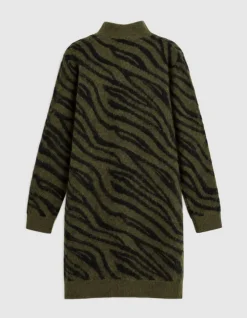 Robe kaki et noir tricot motif zèbre col boutonné Femme