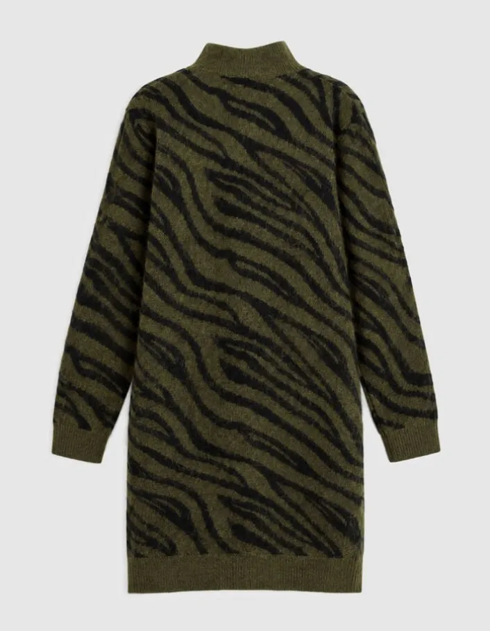 Robe kaki et noir tricot motif zèbre col boutonné Femme