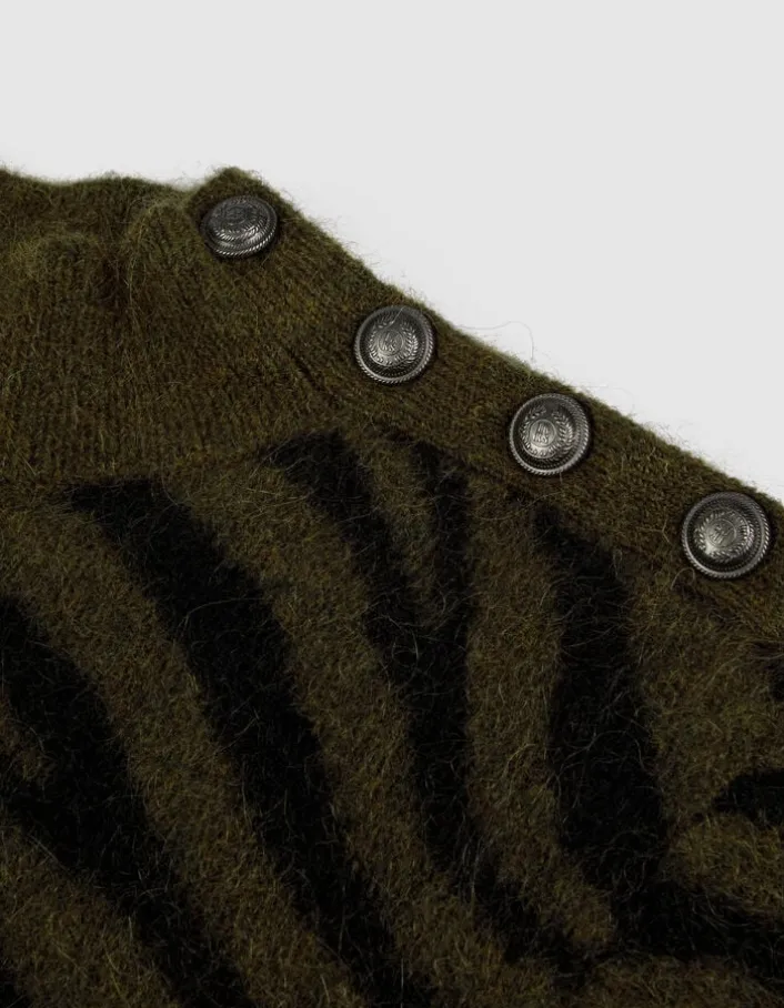 Robe kaki et noir tricot motif zèbre col boutonné Femme