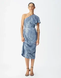 Robe longue bleue brodée sequins col asymétrique Femme