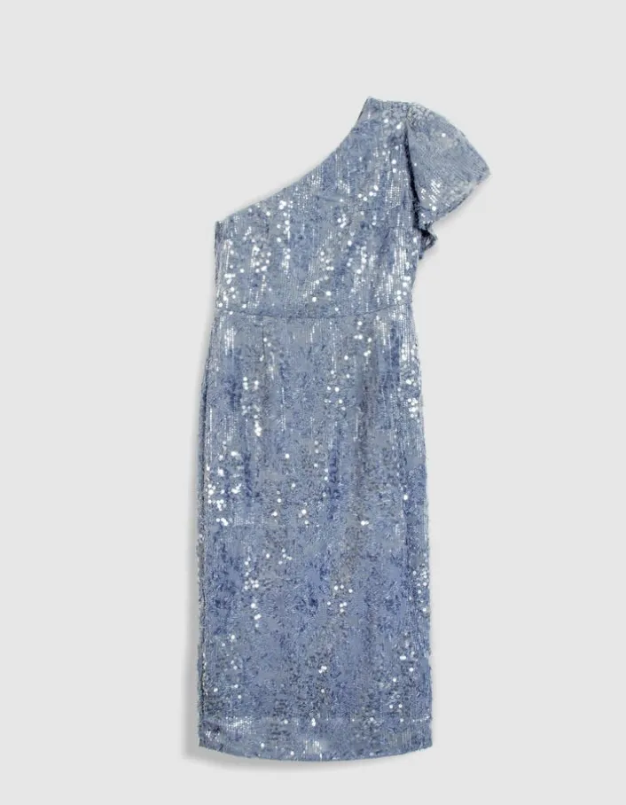 Robe longue bleue brodée sequins col asymétrique Femme