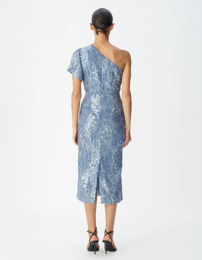 Robe longue bleue brodée sequins col asymétrique Femme