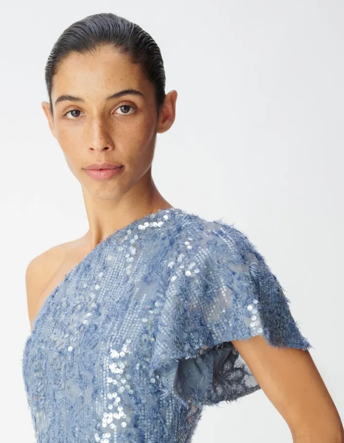 Robe longue bleue brodée sequins col asymétrique Femme