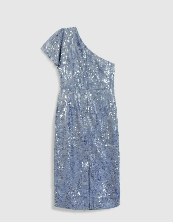 Robe longue bleue brodée sequins col asymétrique Femme