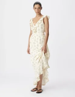 Robe longue écrue motif fleurs détails volants Femme