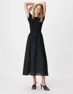 Robe longue noire bi-matière Femme