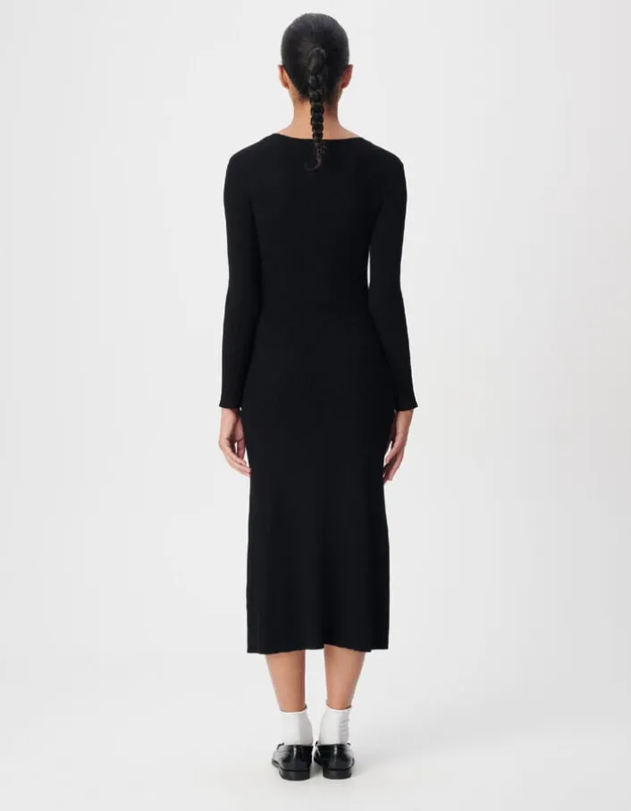 Robe longue noire boutonnée tricot côtes plates Femme