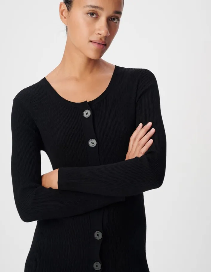 Robe longue noire boutonnée tricot côtes plates Femme