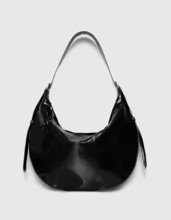Sac demi-lune noir cuir glacé Allane Femme