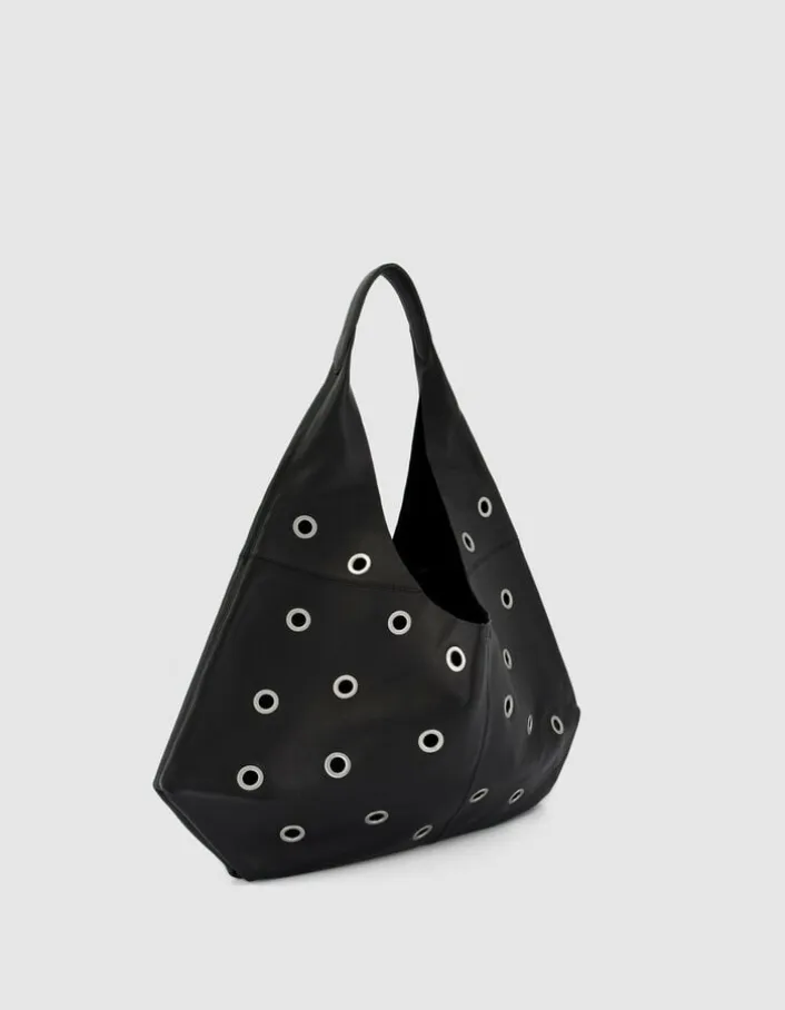 Sac Hobo noir cuir décor maxi oeillets Taille L Femme